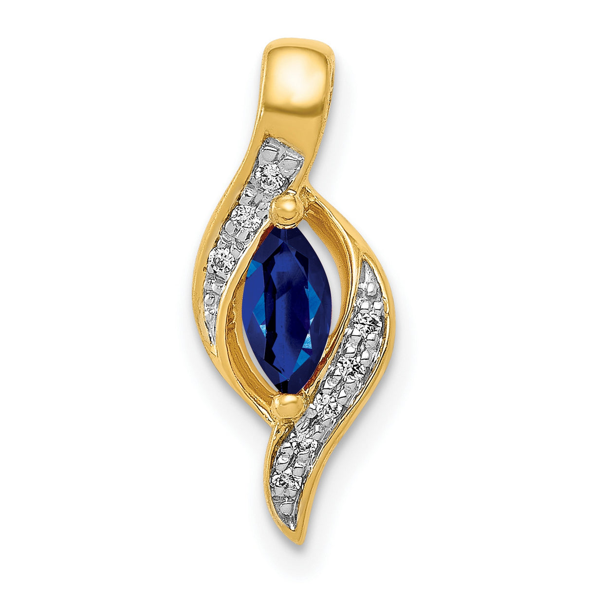 14k Yellow Gold Pendant with Marquise Cut Sapphire and Diamond Accents, Abstract Flowing Design