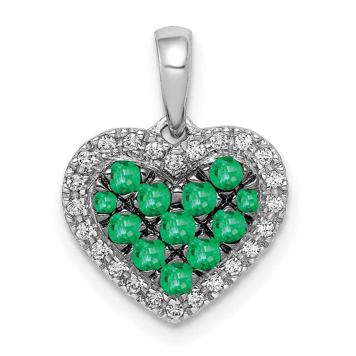 14k White Gold Heart Pendant with Emerald Cluster and Diamond Halo Design for Women