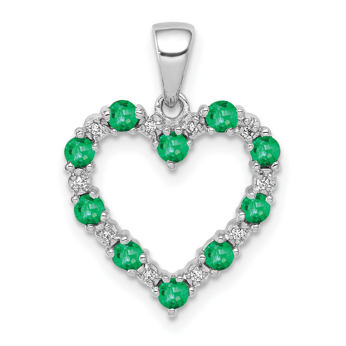 14k White Gold Heart Pendant with Emerald and Diamond Accents, Open Heart Design for Women