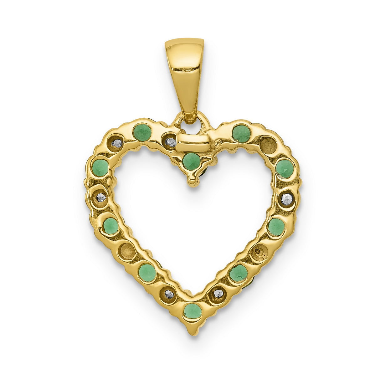 14k Yellow Gold Heart Pendant with Green Emerald and Diamond Accents, Open Heart Design