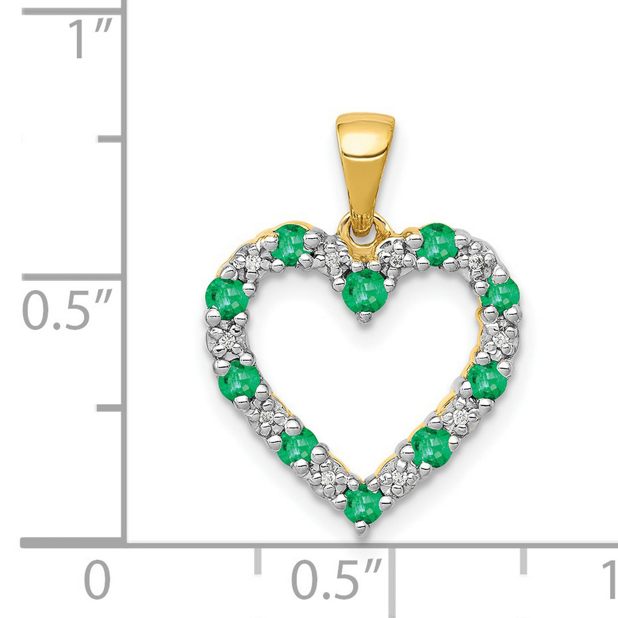 14k Yellow Gold Heart Pendant with Green Emerald and Diamond Accents, Open Heart Design