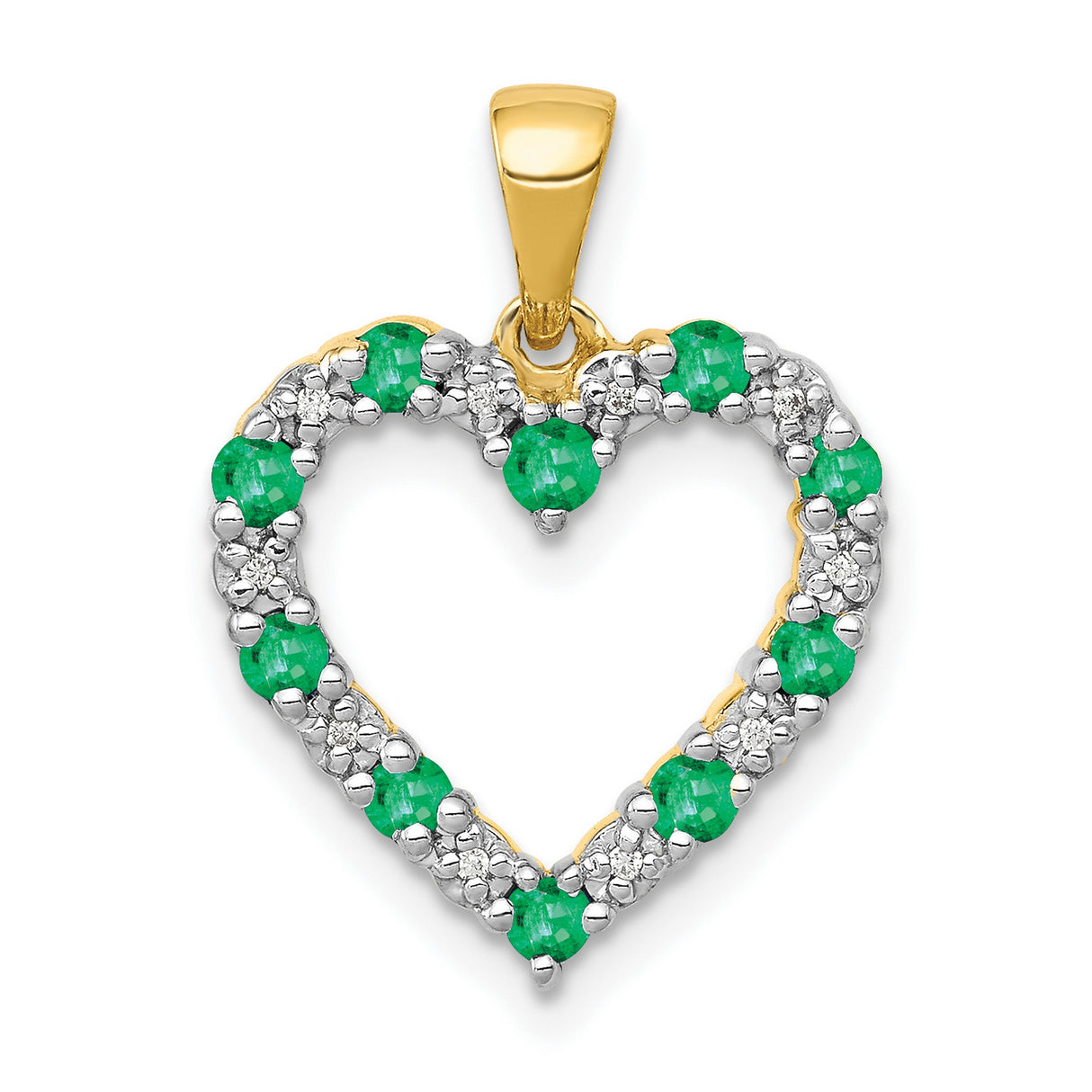 14k Yellow Gold Heart Pendant with Green Emerald and Diamond Accents, Open Heart Design