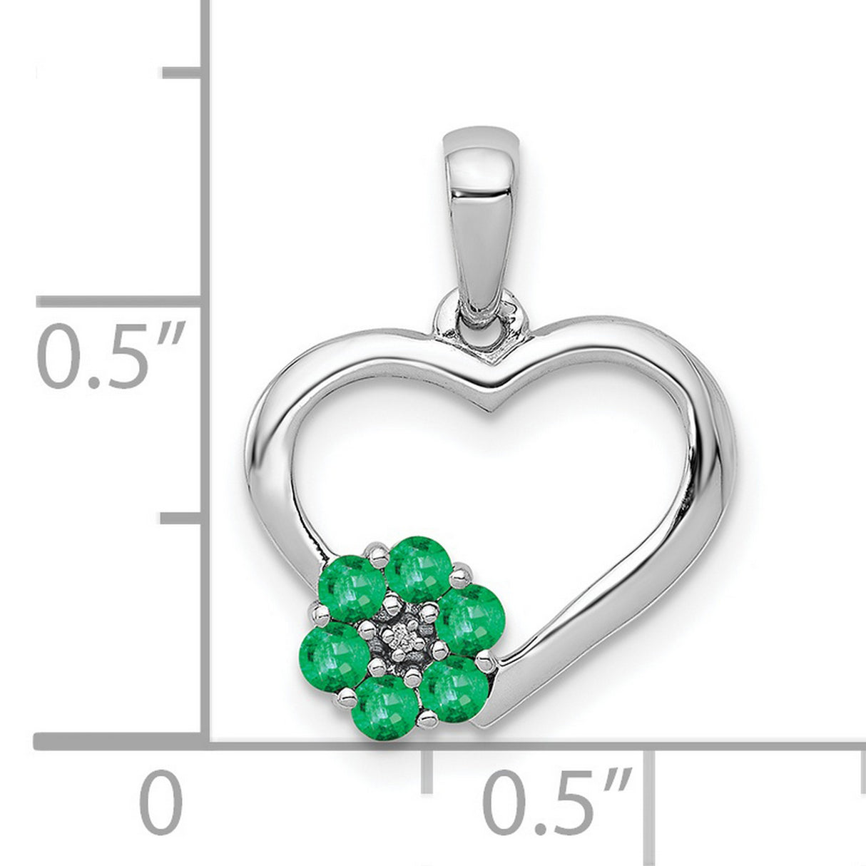 10k White Gold Heart Pendant with Emerald and Diamond, Floral Design Symbolizing Love and Beauty