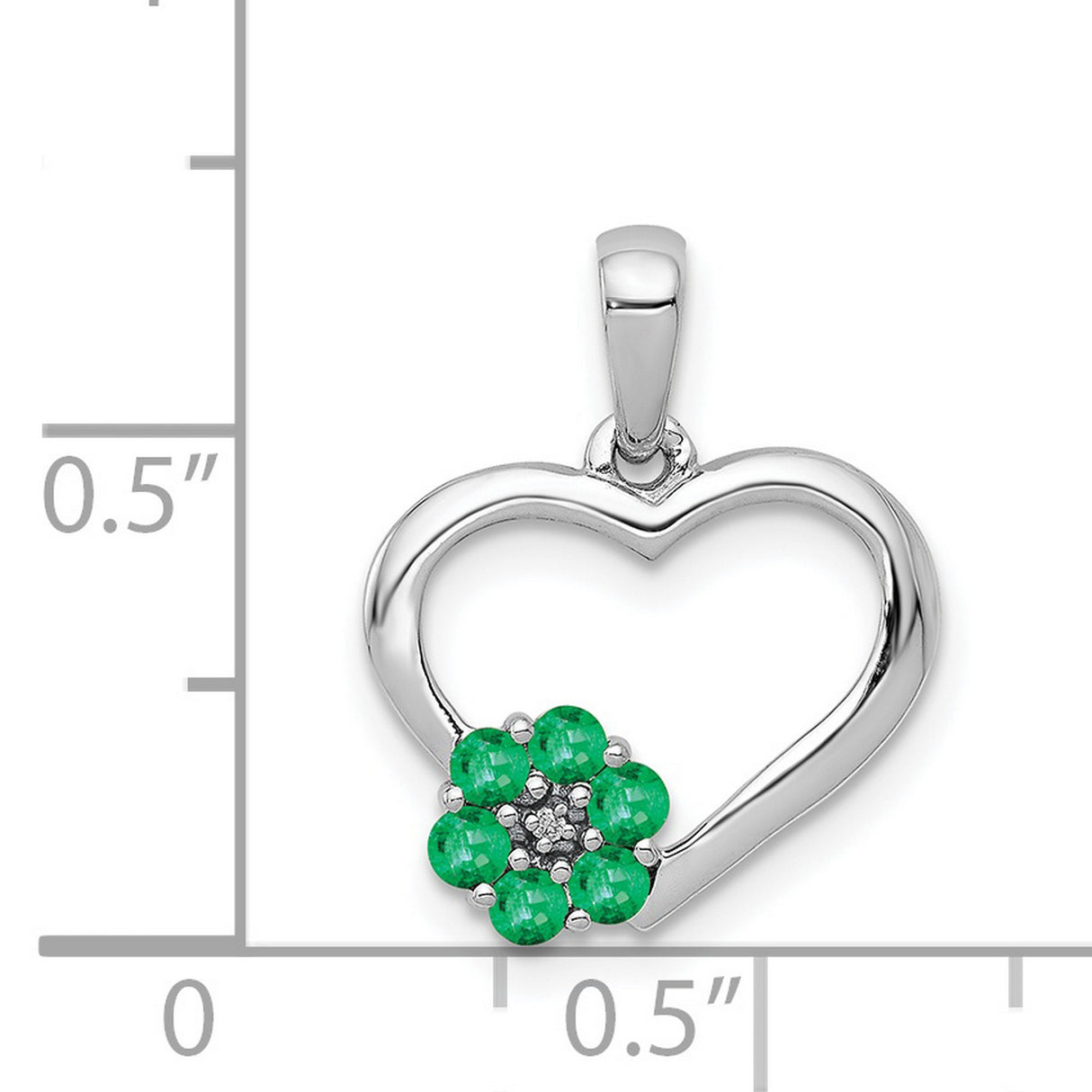 14k White Gold Heart Pendant with Green Emerald Flower and Diamond Center