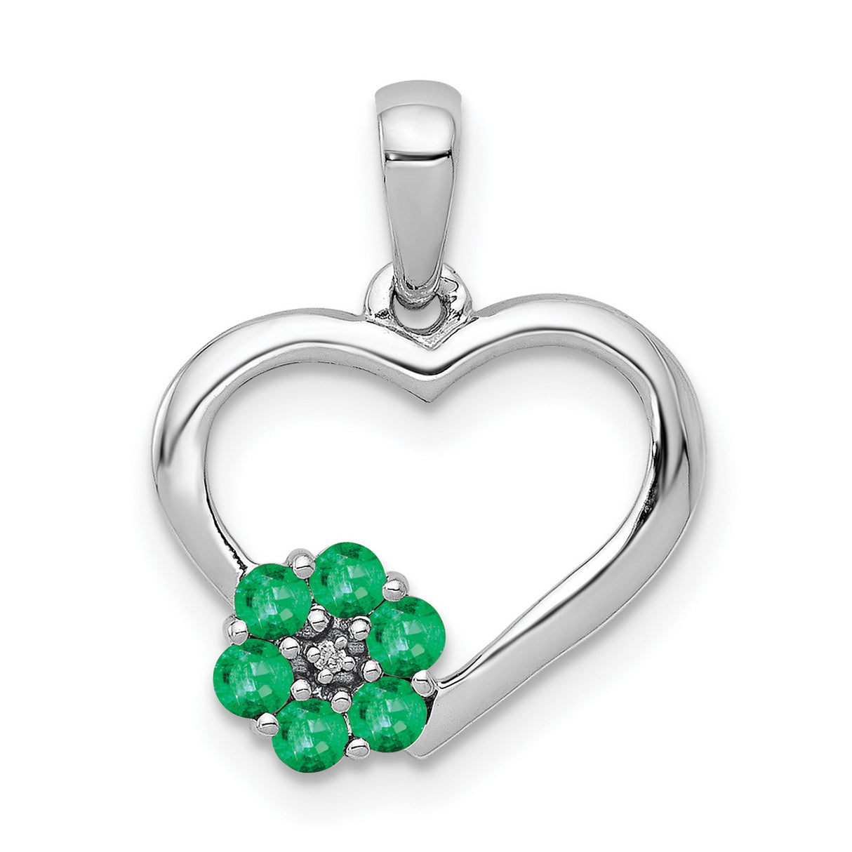 14k White Gold Heart Pendant with Green Emerald Flower and Diamond Center