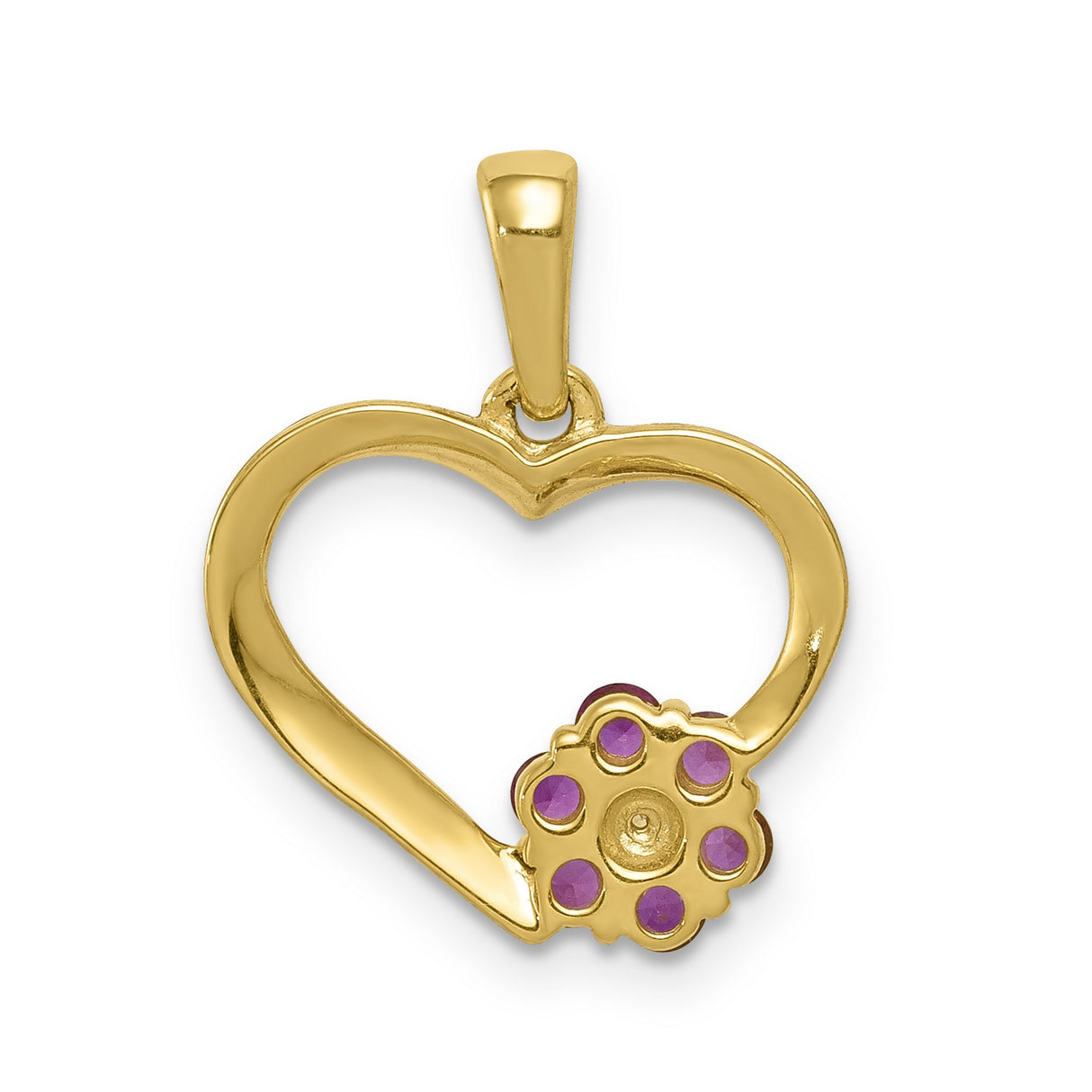 14k Yellow Gold Heart Pendant with Ruby Flower and Diamond Center, Romantic Floral Design