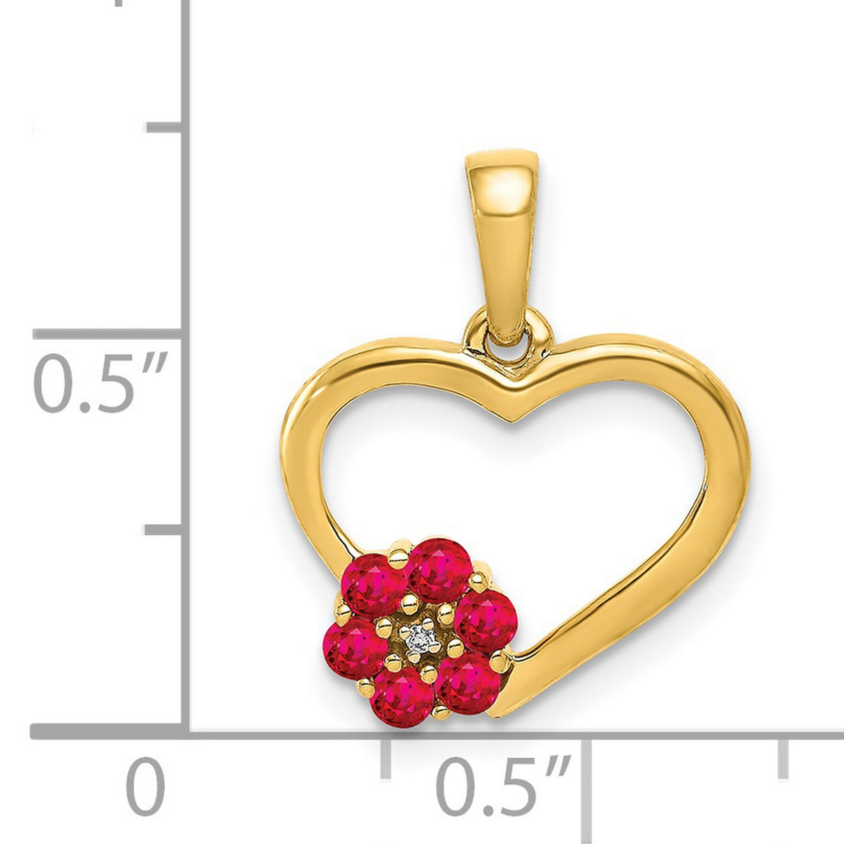 14k Yellow Gold Heart Pendant with Ruby Flower and Diamond Center, Romantic Floral Design