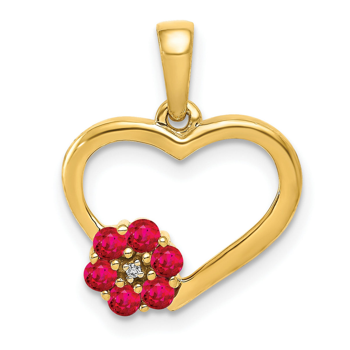 14k Yellow Gold Heart Pendant with Ruby Flower and Diamond Center, Romantic Floral Design