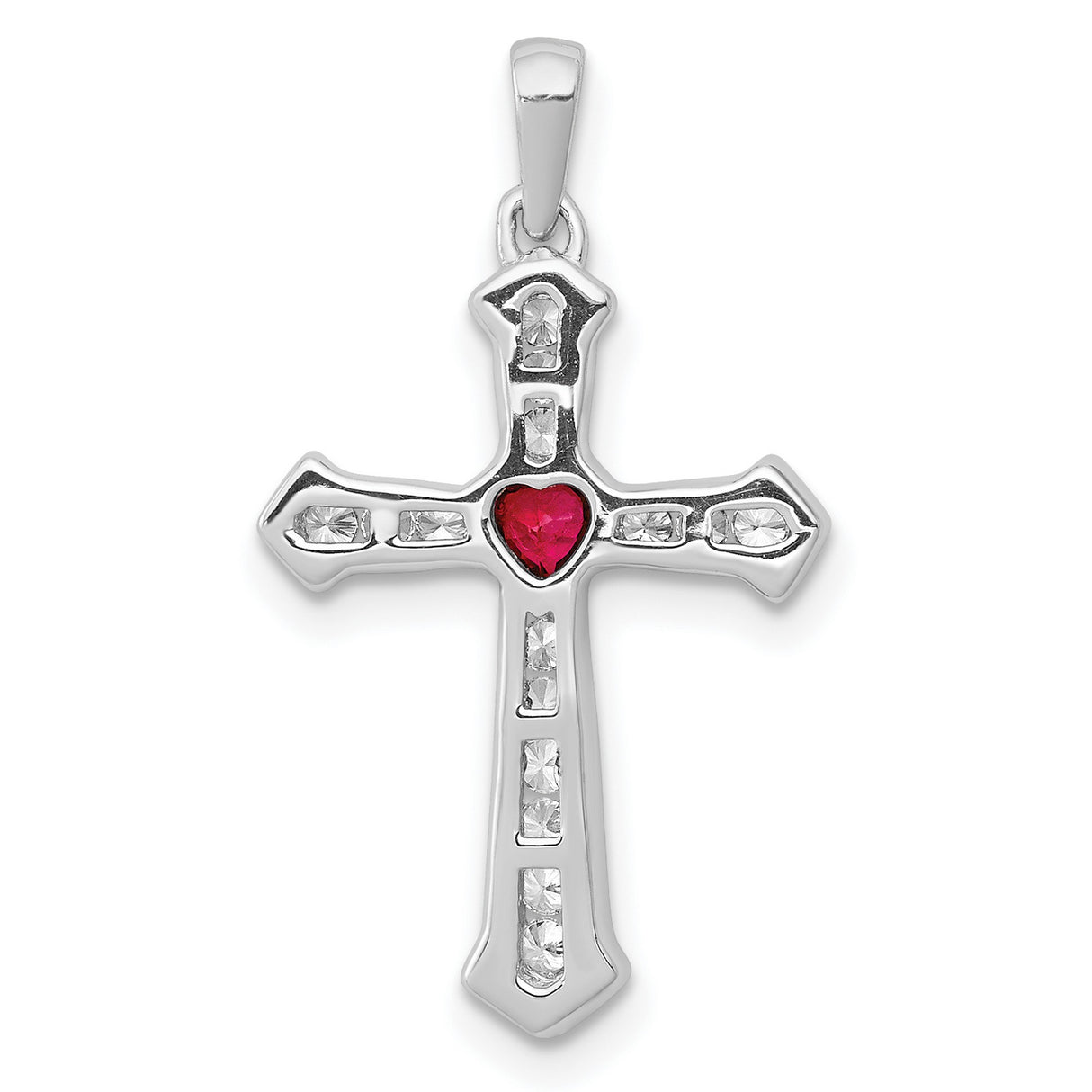 14k White Gold Cross Pendant with Ruby and Diamond, Heart Charm Spiritual Design