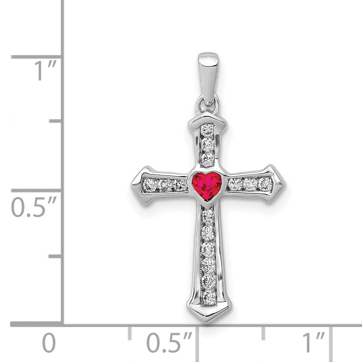 14k White Gold Cross Pendant with Ruby and Diamond, Heart Charm Spiritual Design