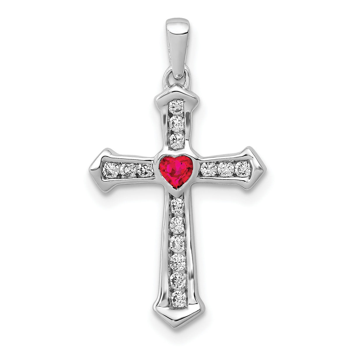 14k White Gold Cross Pendant with Ruby and Diamond, Heart Charm Spiritual Design