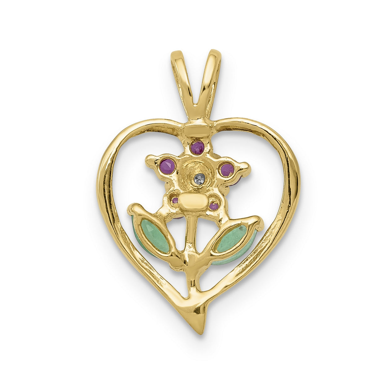 14k Yellow Gold Heart Shaped Flower Pendant with Emerald and Ruby, Nature Inspired Jewelry for Women