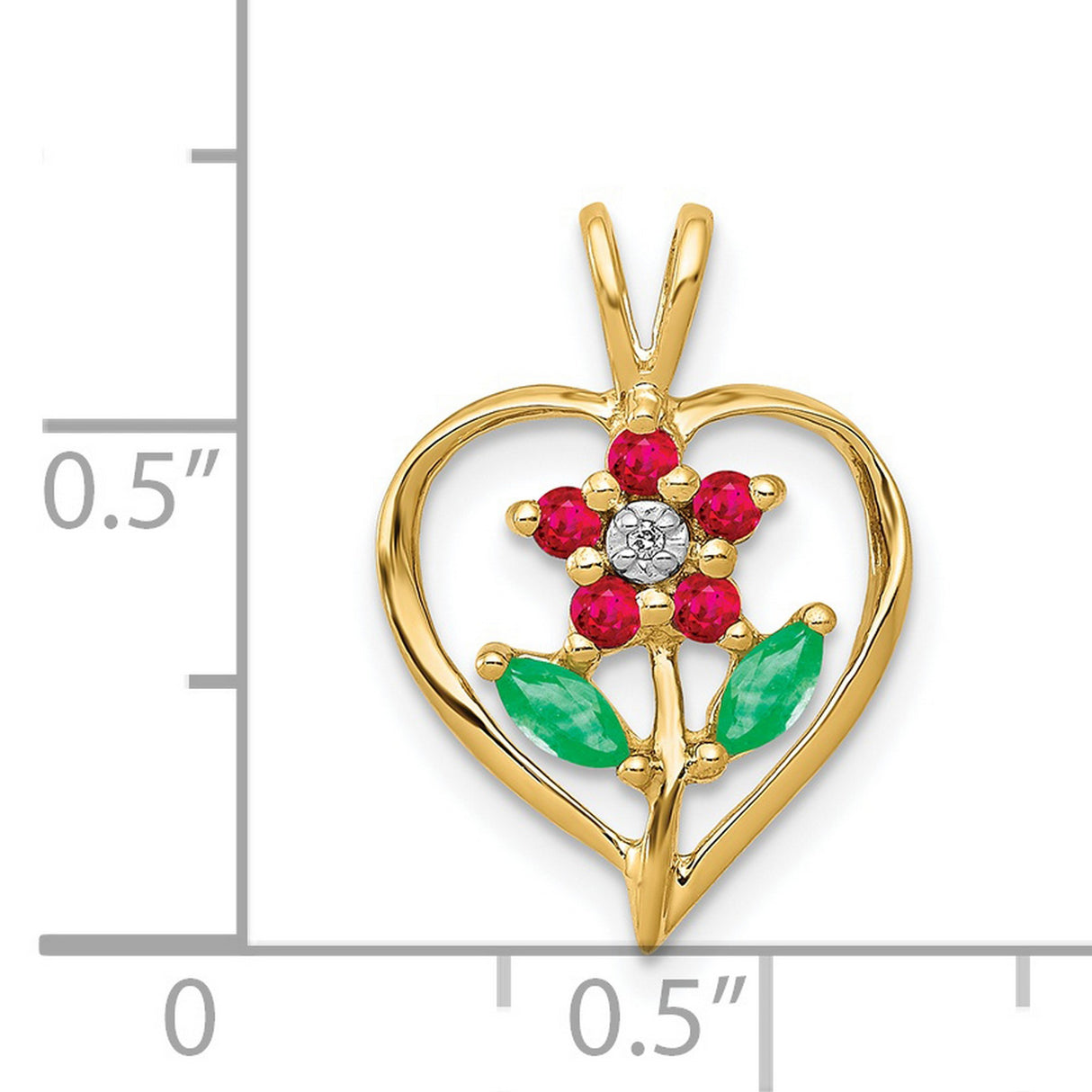 14k Yellow Gold Heart Shaped Flower Pendant with Emerald and Ruby, Nature Inspired Jewelry for Women