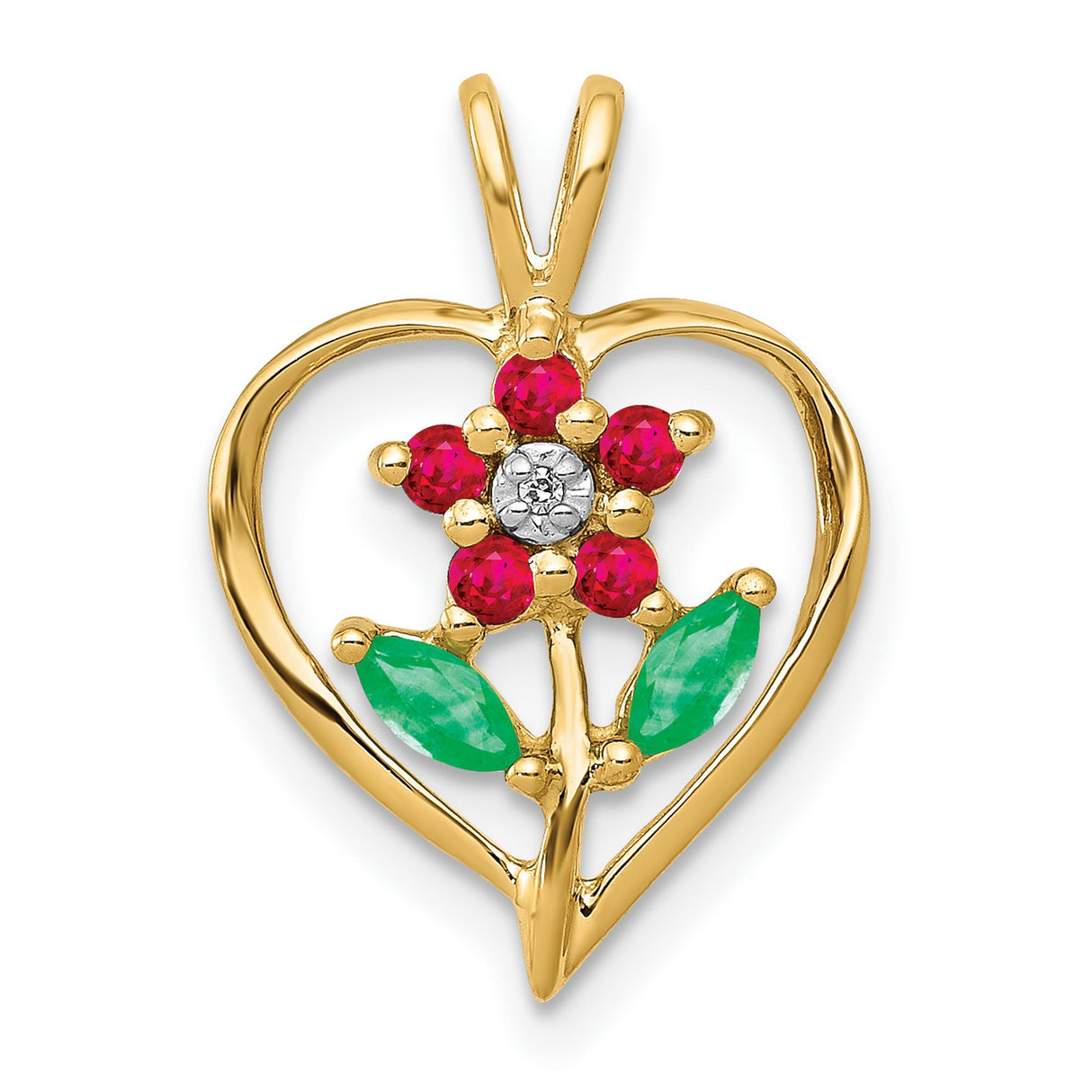 14k Yellow Gold Heart Shaped Flower Pendant with Emerald and Ruby, Nature Inspired Jewelry for Women