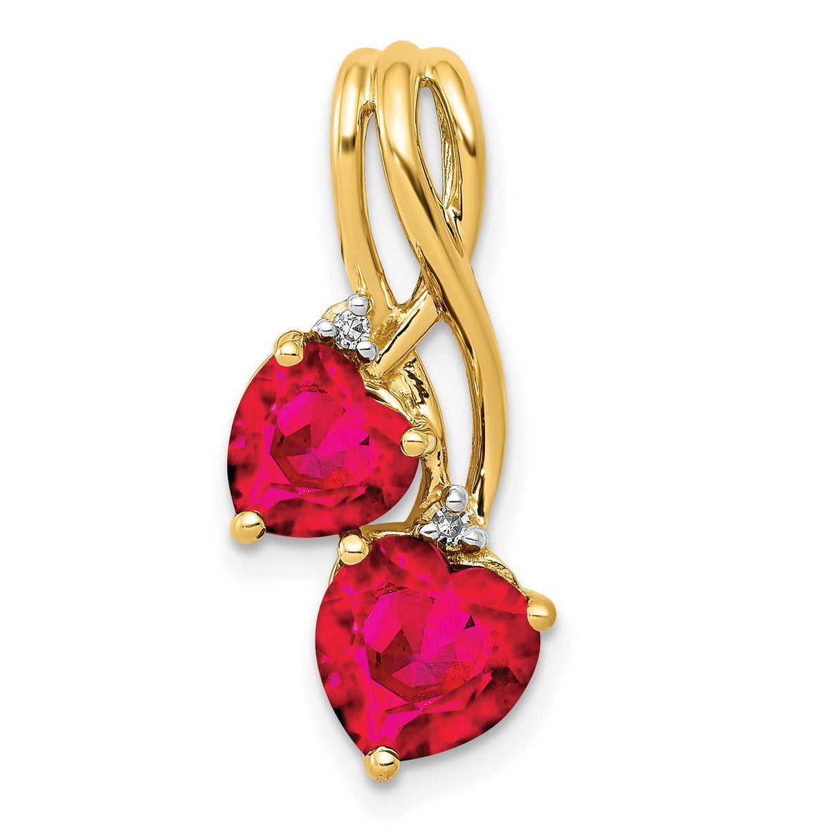 14k Yellow Gold Pendant with Lab Created Ruby, Twisting Double Heart Design for Women