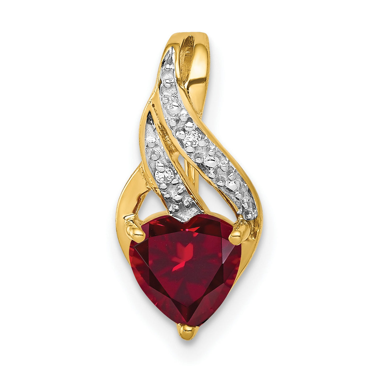 10k Yellow Gold Heart Pendant with Ruby and Diamond Accents, Flame Inspired Design