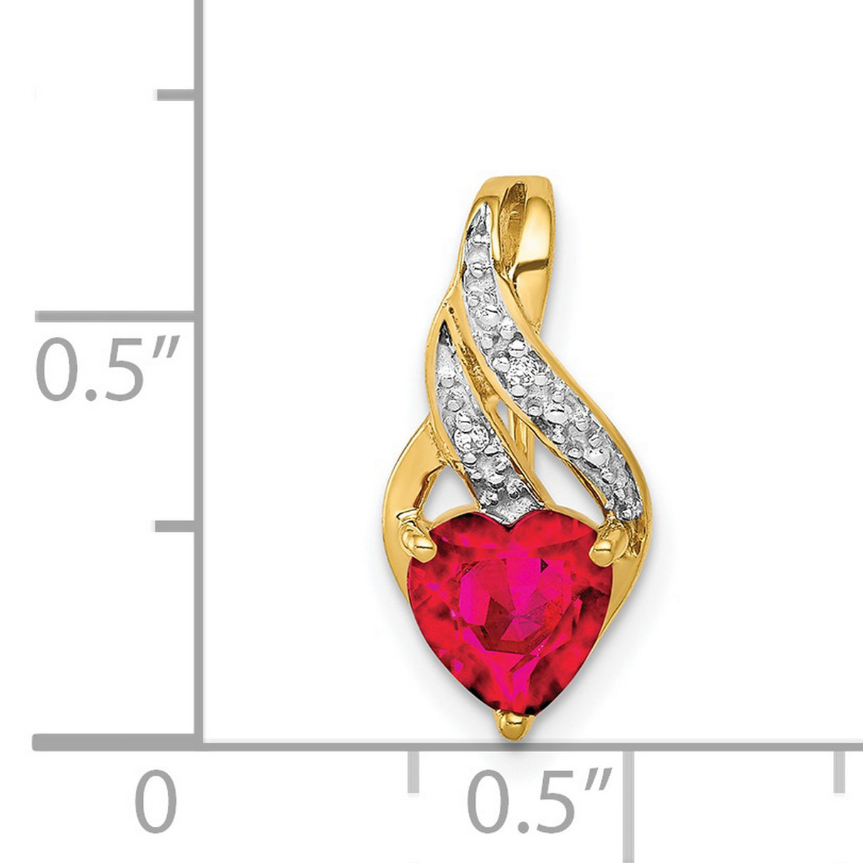 14k Yellow Gold Heart Pendant with Lab Created Ruby and Diamond Swirl Design