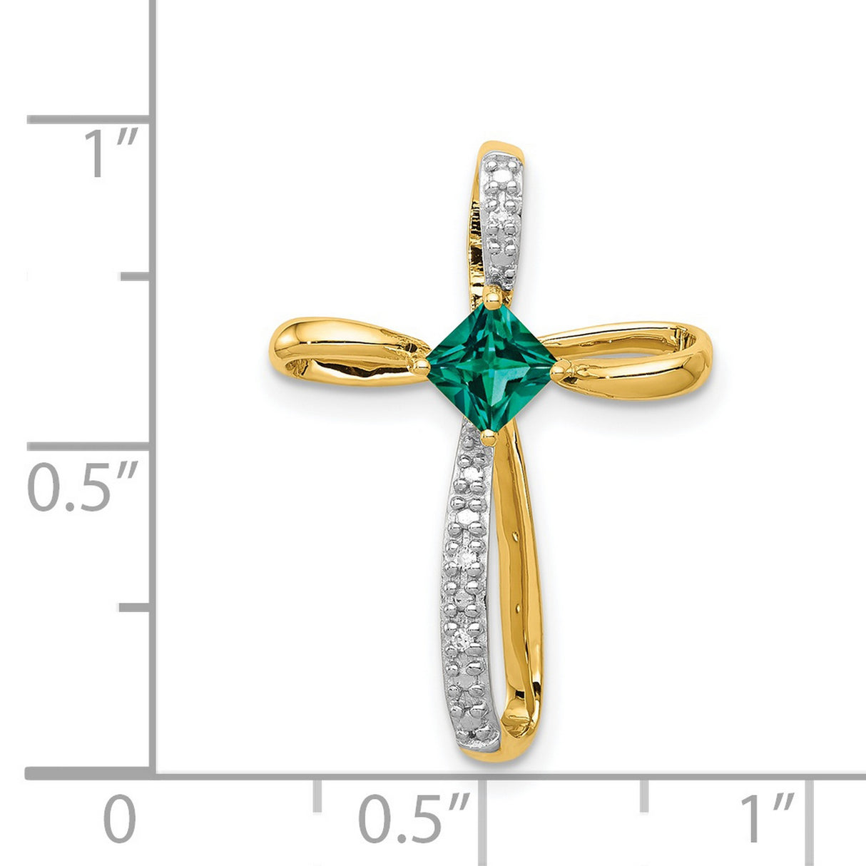 14k Multi-Tone Gold Cross Pendant with Lab Created Emerald and Diamond, Polished Finish, Religious Style