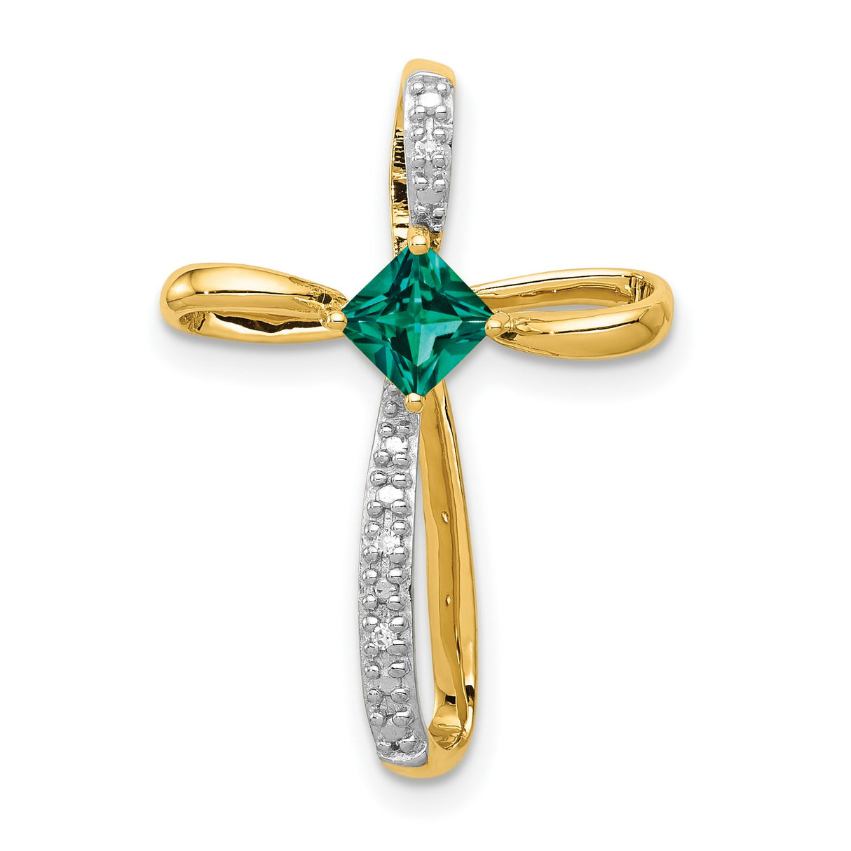 14k Multi-Tone Gold Cross Pendant with Lab Created Emerald and Diamond, Polished Finish, Religious Style