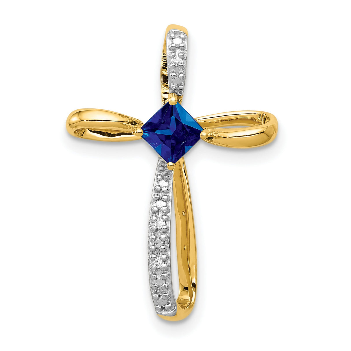 14k Two Tone Gold Cross Pendant with Lab Created Sapphire and Diamond