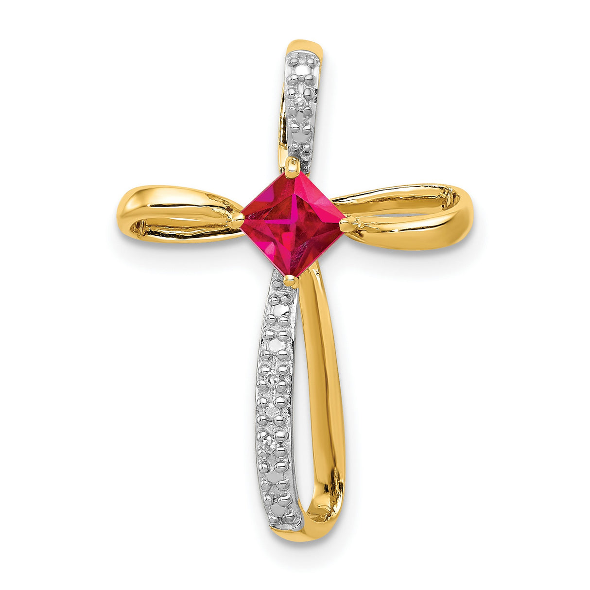 10k Multi-Tone Gold Cross Pendant with Lab Created Ruby and Diamond, Faith Inspired Design