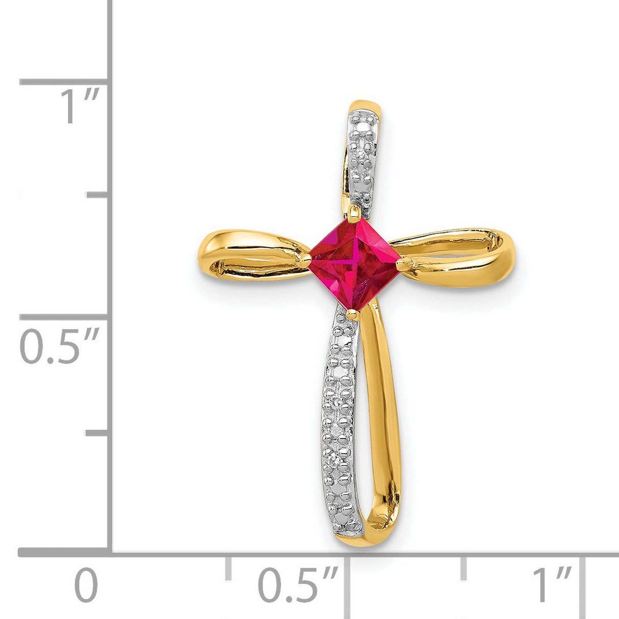 14k Two-Tone Gold Cross Pendant with Lab Created Ruby and Diamond Accent