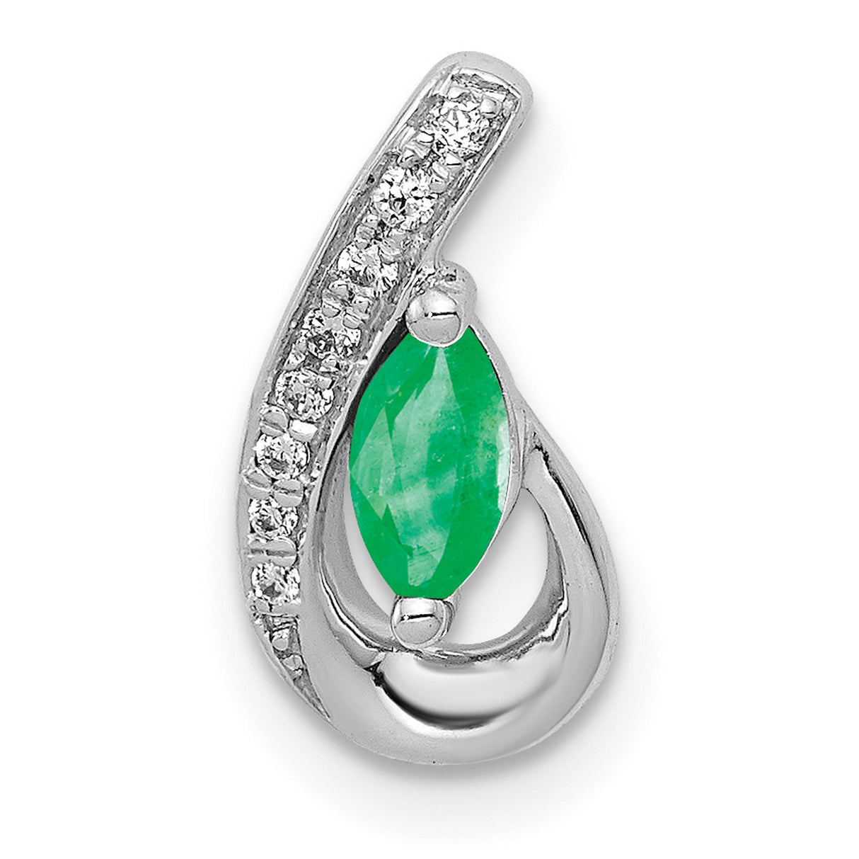 14k White Gold Teardrop Pendant with Marquise Cut Emerald and Diamond Accents