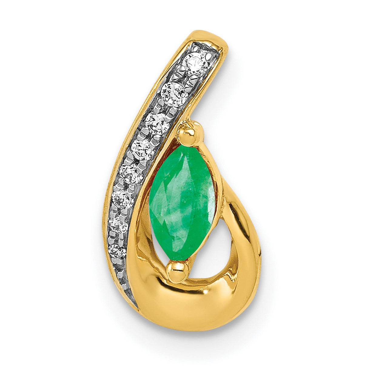 14k Yellow Gold Teardrop Pendant with Marquise Cut Emerald and Diamond Accents