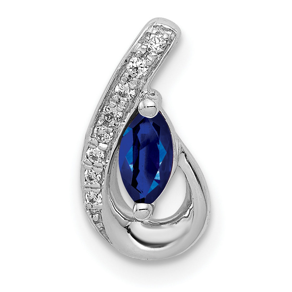 14k White Gold Pendant with Marquise Cut Blue Sapphire and Diamond Swirl Teardrop Design