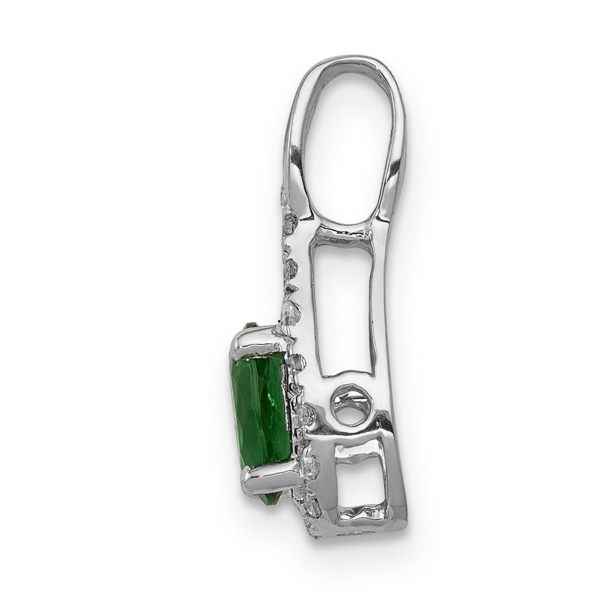 Teardrop Diamond and Oval Emerald Charm Pendant in Real 14k White Gold
