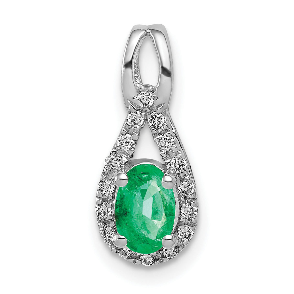 Teardrop Diamond and Oval Emerald Charm Pendant in Real 14k White Gold