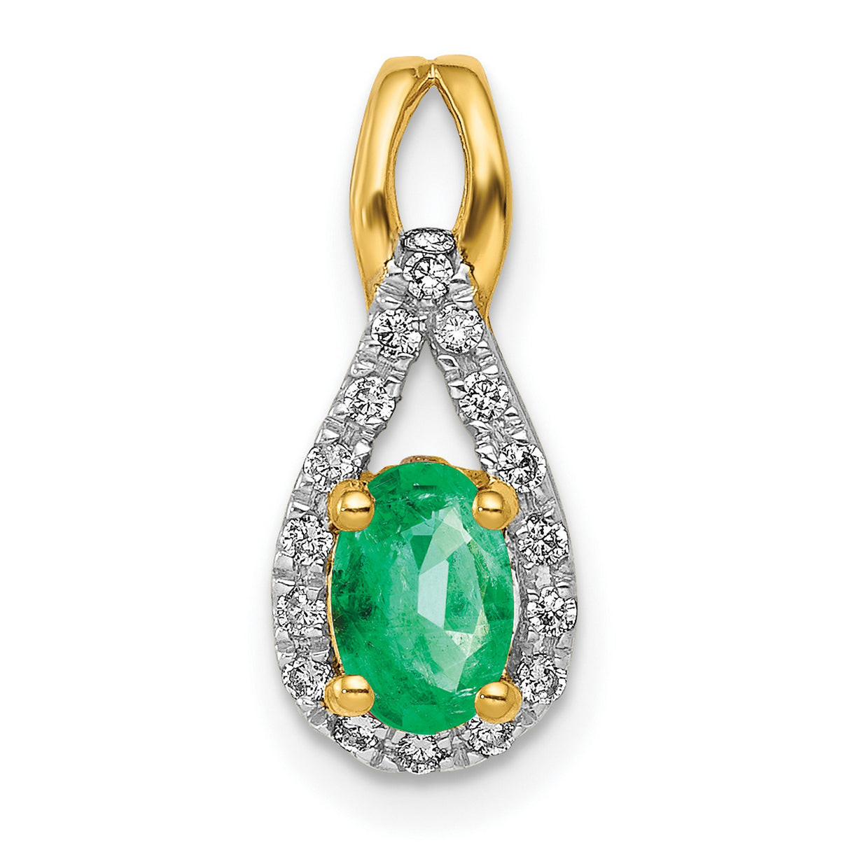 Teardrop Diamond and Oval Emerald Charm Pendant in Real 14k Yellow Gold
