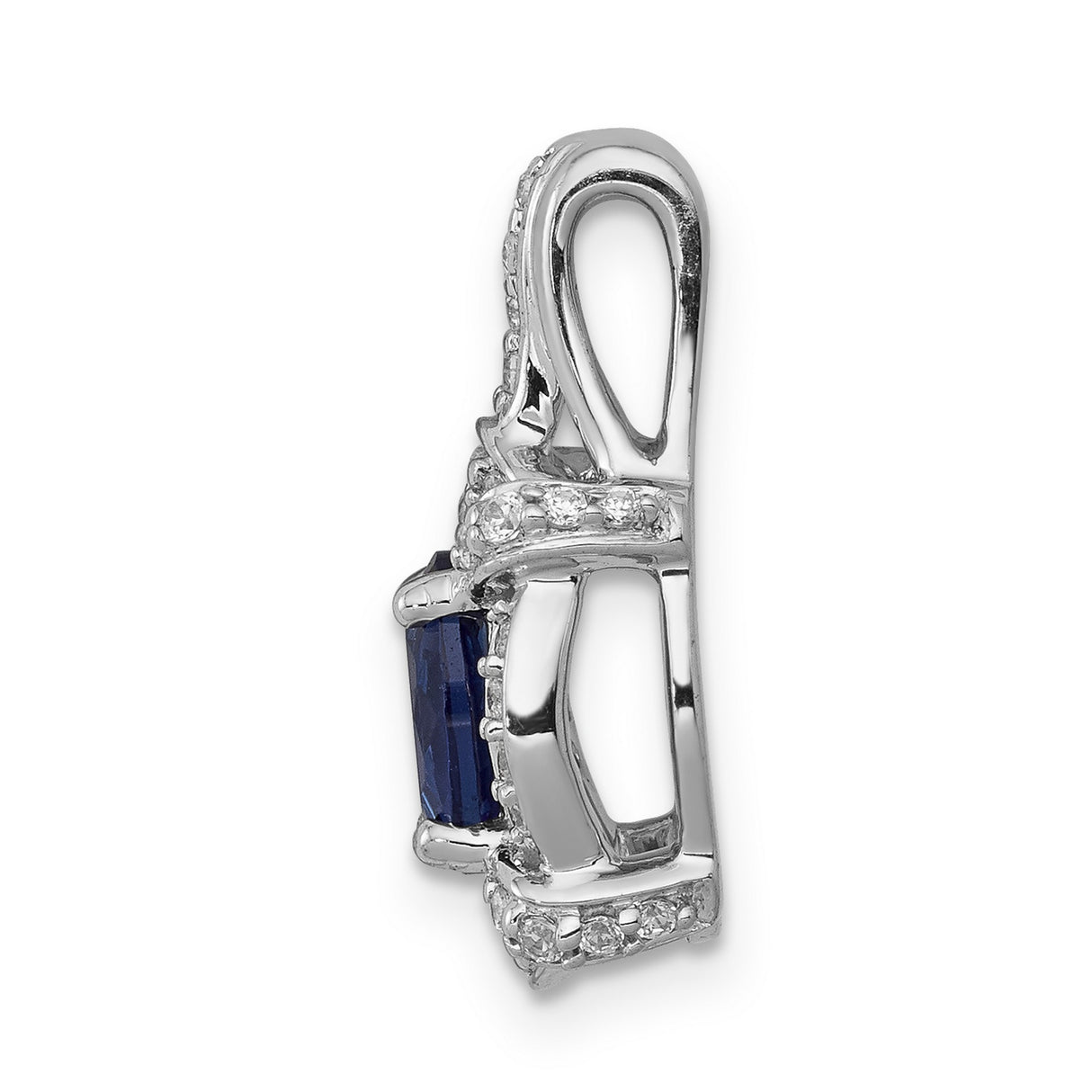 14k White Gold Pendant with Oval Blue Sapphire and Diamond Halo