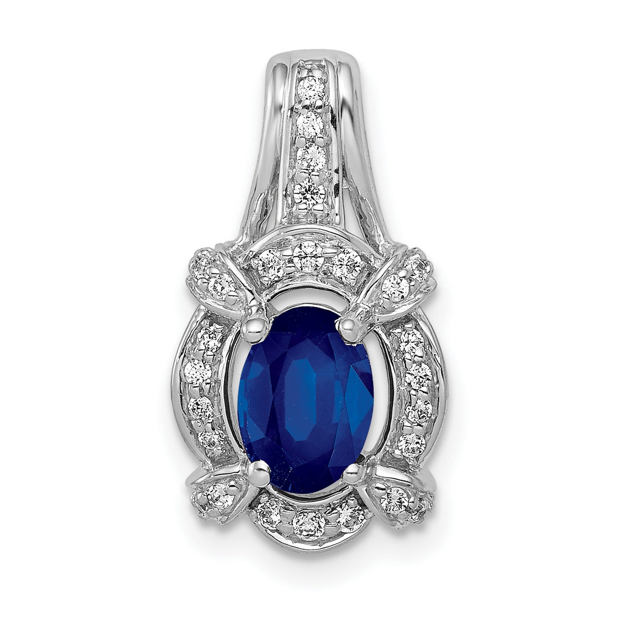 14k White Gold Pendant with Oval Blue Sapphire and Diamond Halo