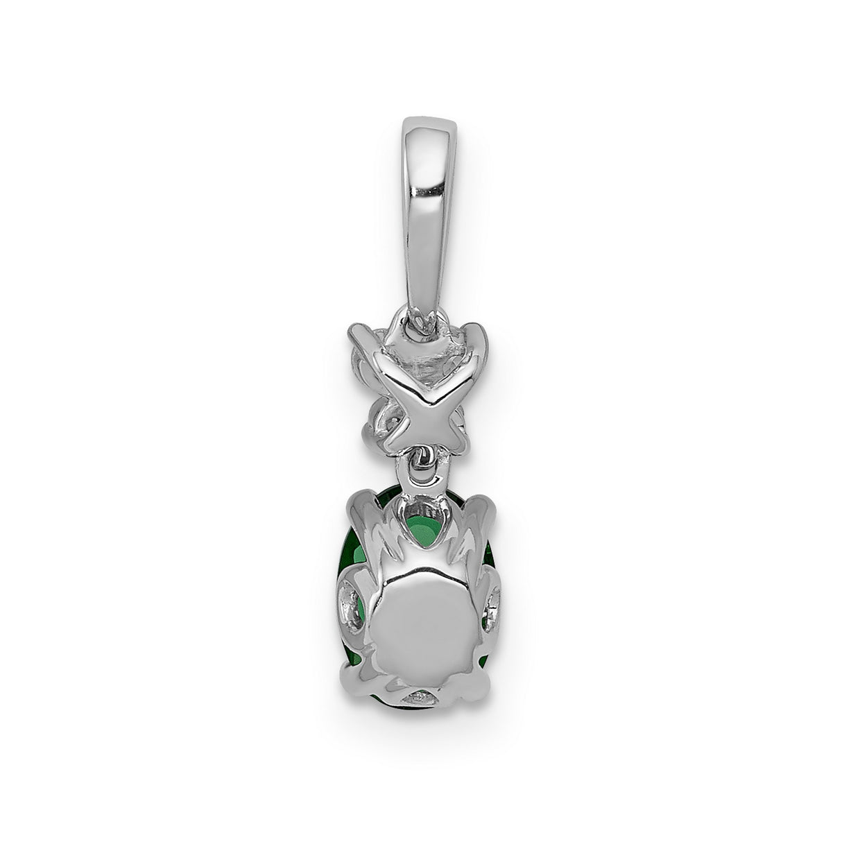 Diamond and Oval Emerald Charm Pendant in Real 14k White Gold
