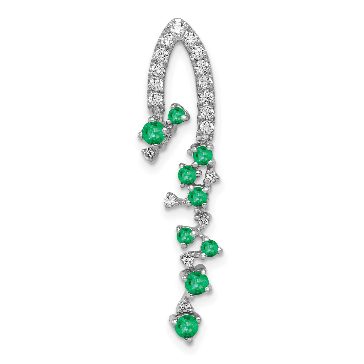 14k White Gold Pendant with Emeralds and Diamonds, Curved Cascading Nature-Inspired Design