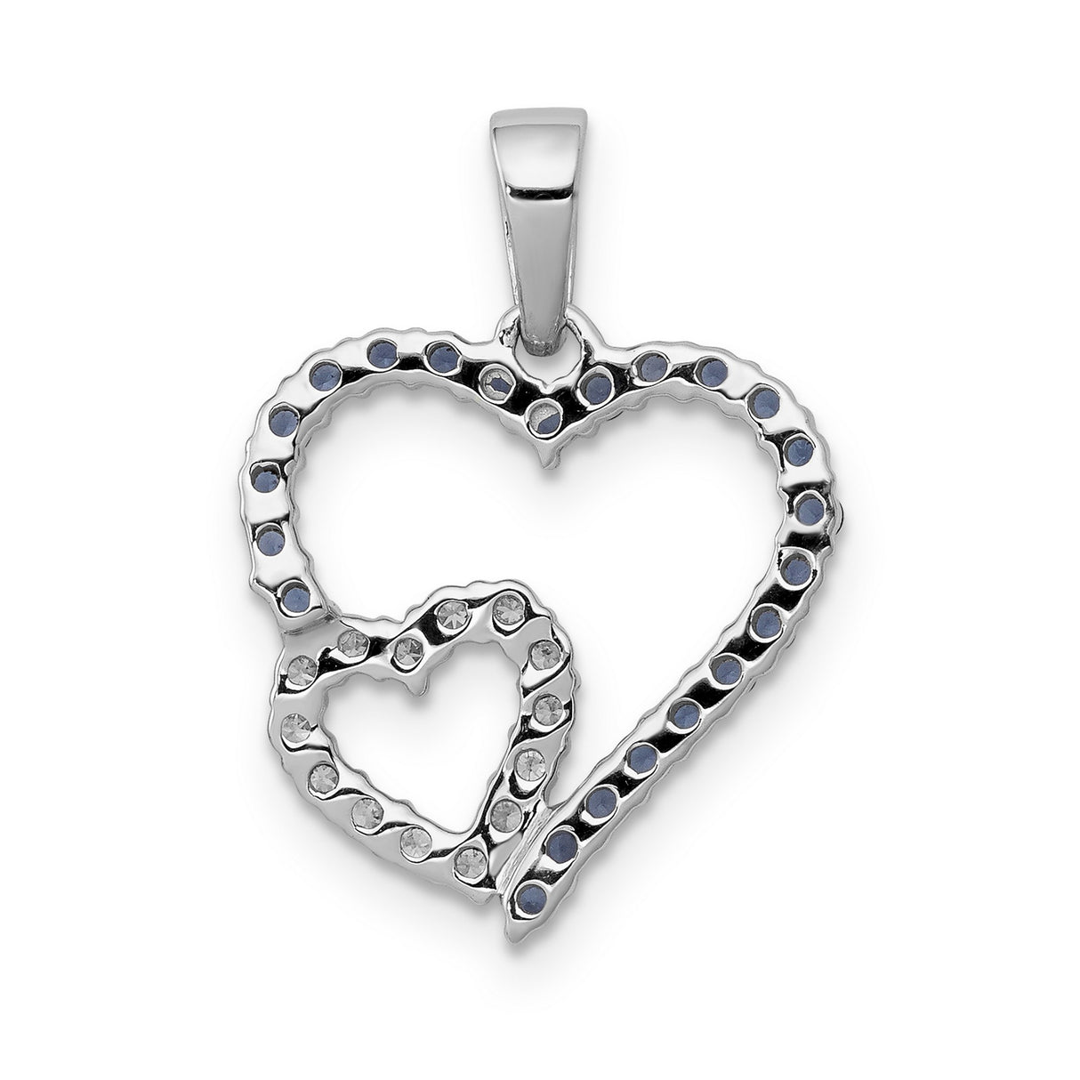 14k White Gold Double Heart Pendant with Blue Sapphire and Diamond Accents