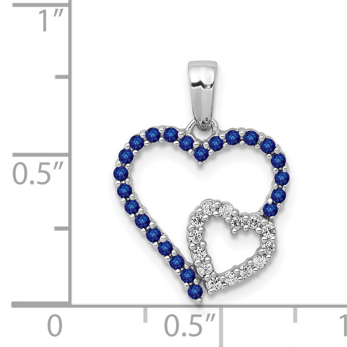 14k White Gold Double Heart Pendant with Blue Sapphire and Diamond Accents