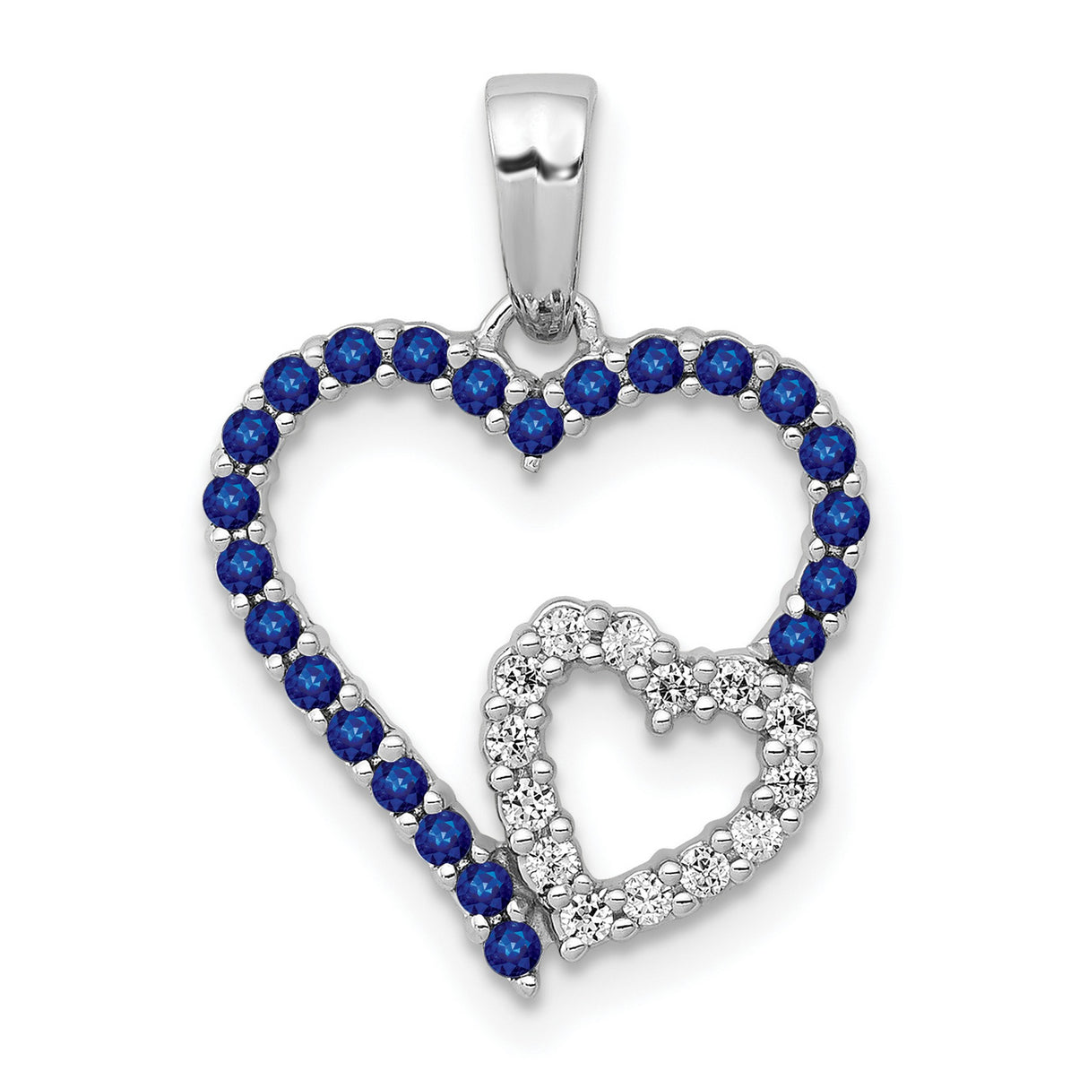 14k White Gold Double Heart Pendant with Blue Sapphire and Diamond Accents