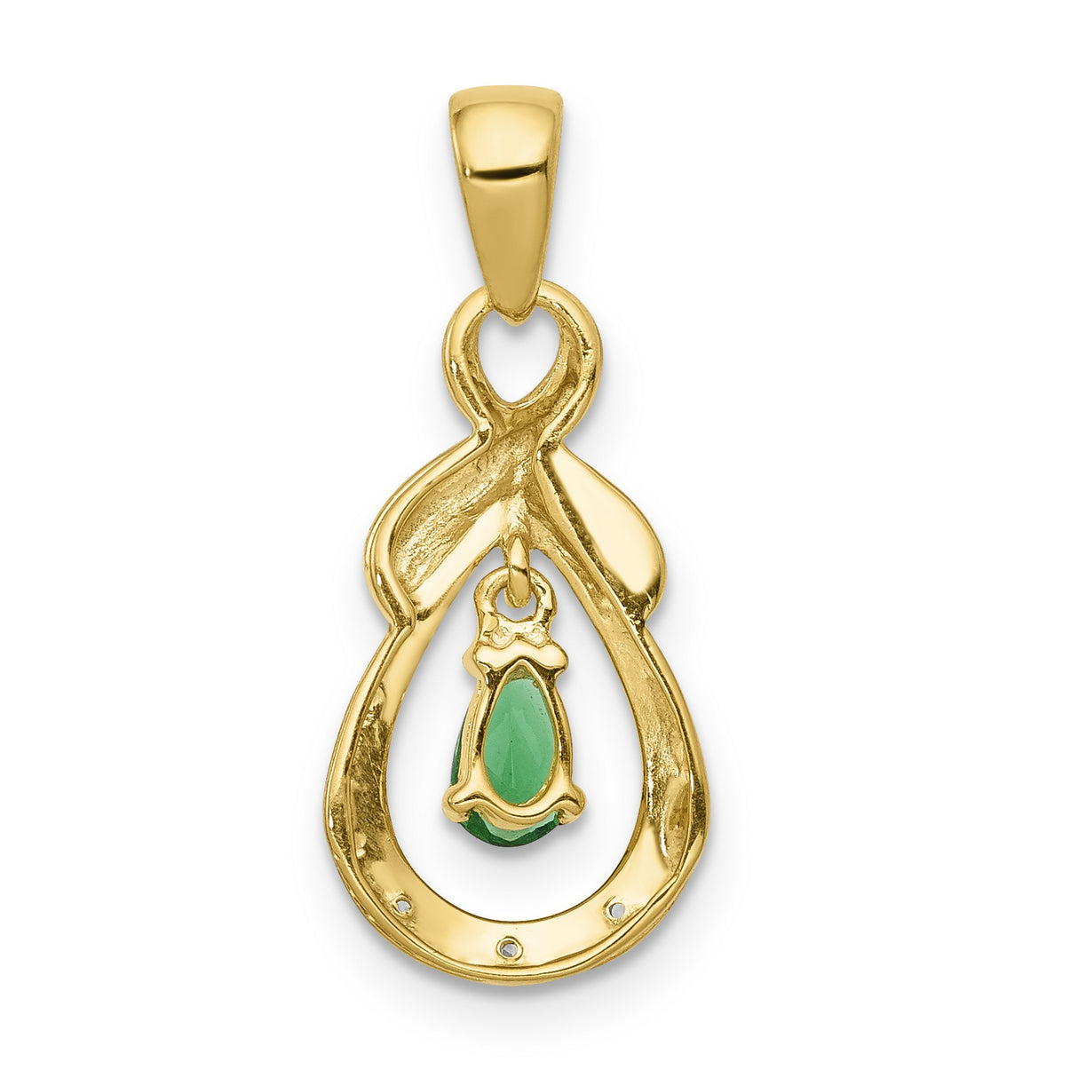 10k Yellow Gold Pendant with Pear Shaped Emerald and Diamond Accent, Infinity Loop Design