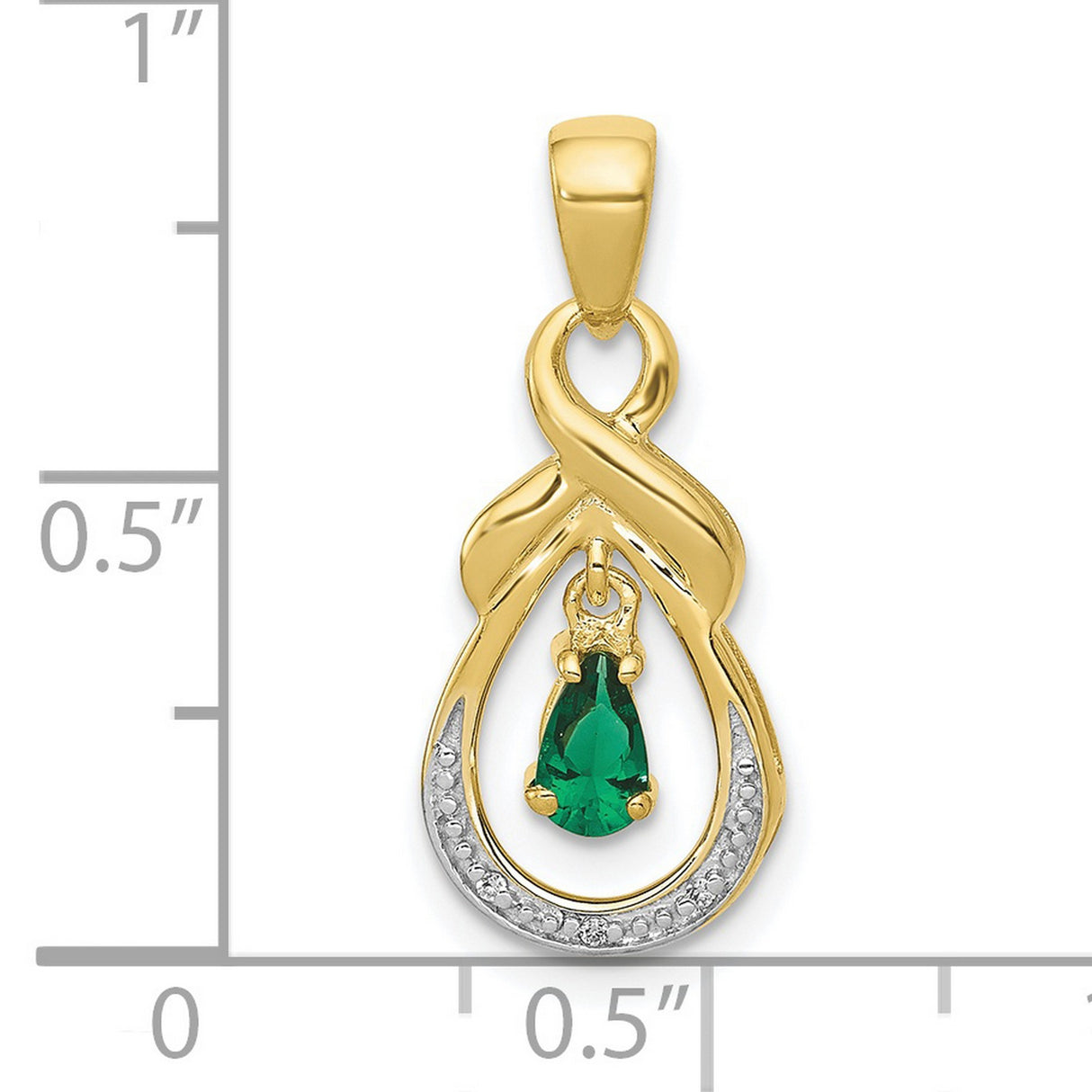 10k Yellow Gold Pendant with Pear Shaped Emerald and Diamond Accent, Infinity Loop Design