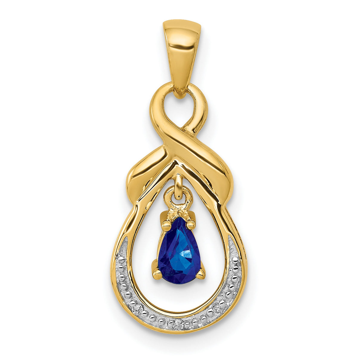 Pear Sapphire and Diamond Dangle Charm Pendant in Real 14k Yellow Gold