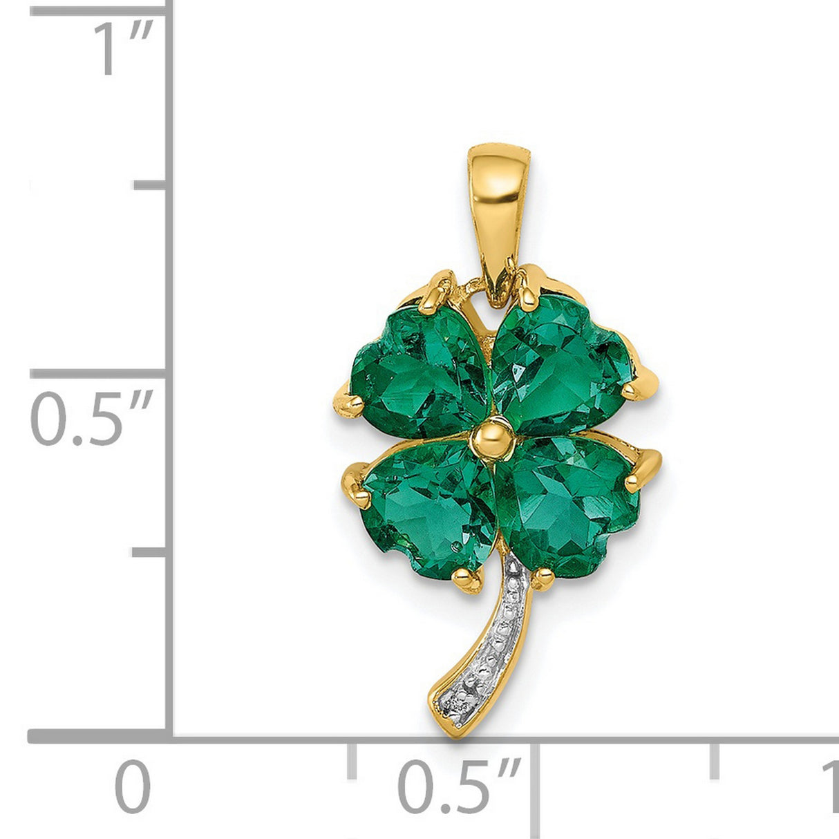 Created Emerald and Diamond Four Leaf Clover Charm Pendant in Real 14k Yellow Gold