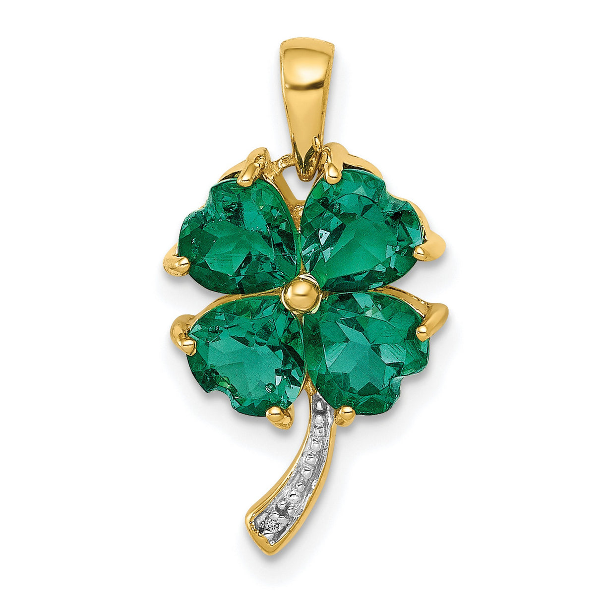 Created Emerald and Diamond Four Leaf Clover Charm Pendant in Real 14k Yellow Gold