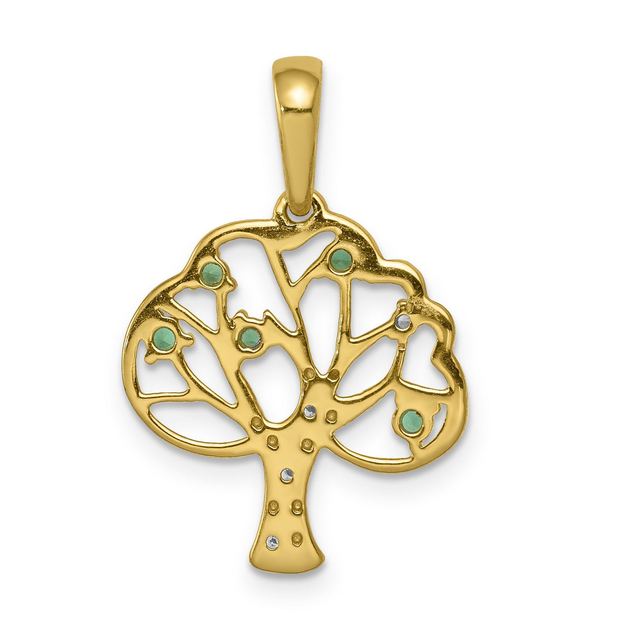 14k Yellow Gold Tree of Life Pendant with Lab Created Emerald Accents and White Gold Trunk Detail