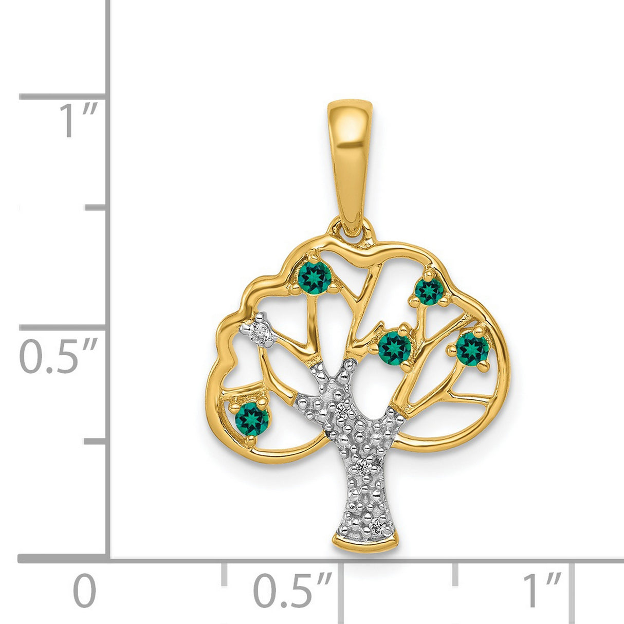 14k Yellow Gold Tree of Life Pendant with Lab Created Emerald Accents and White Gold Trunk Detail