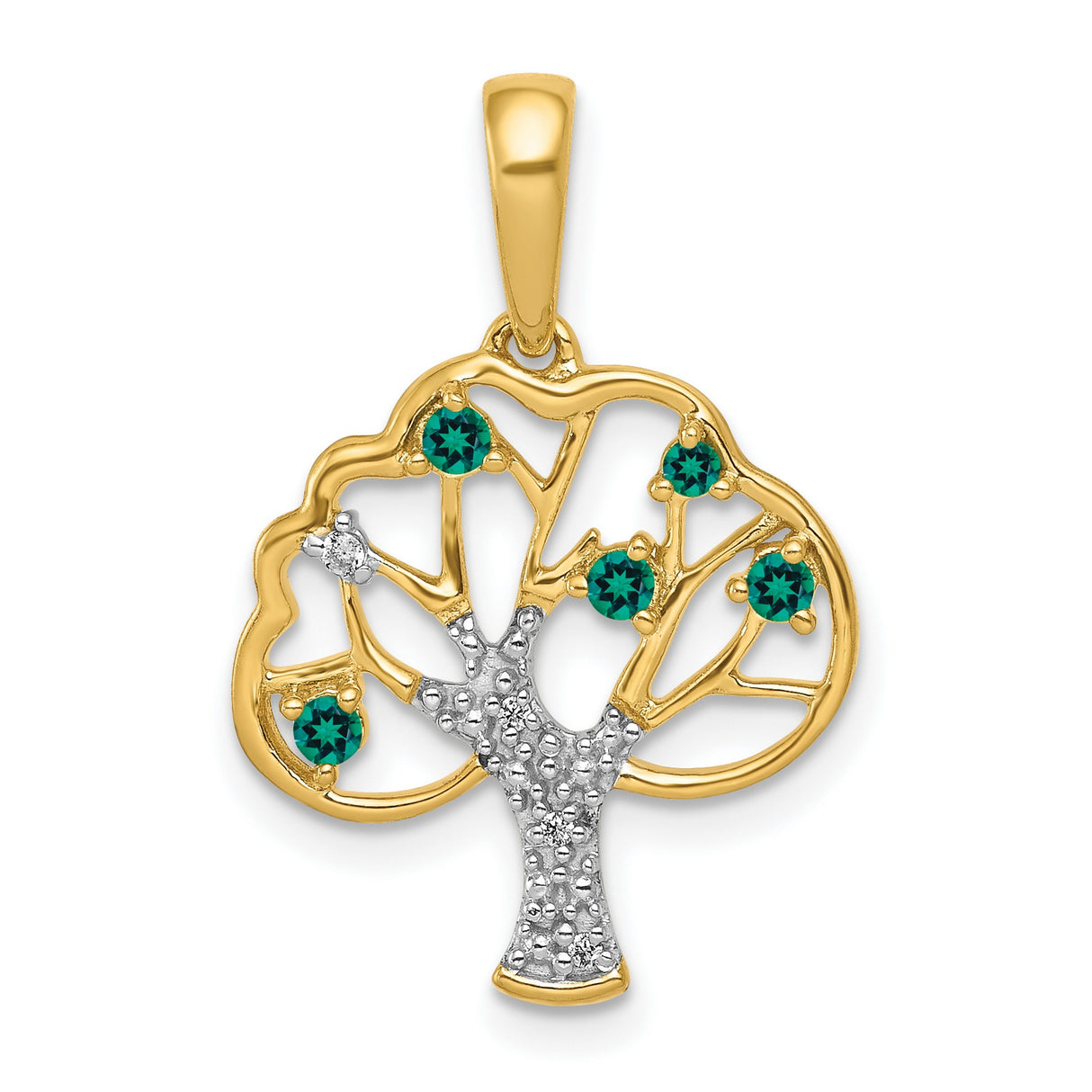 14k Yellow Gold Tree of Life Pendant with Lab Created Emerald Accents and White Gold Trunk Detail