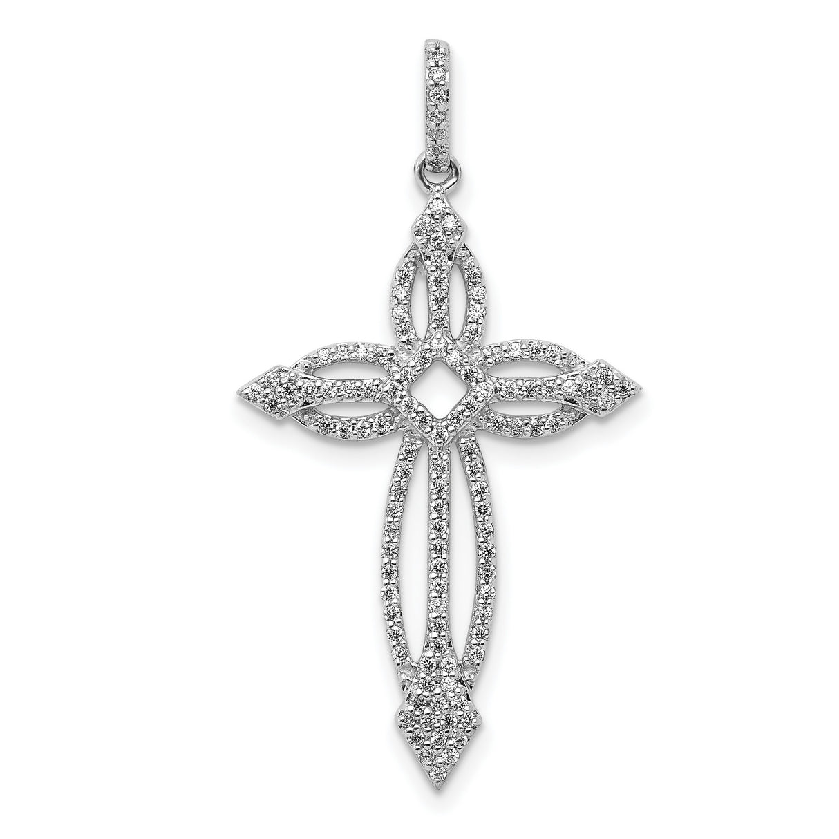 14k White Gold Diamond Cross Pendant, Openwork Religious Jewelry, Art Deco Style