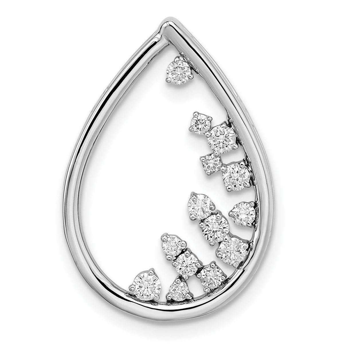 14k White Gold Teardrop Pendant with Graduated Round Cut Diamonds, Modern Open Design