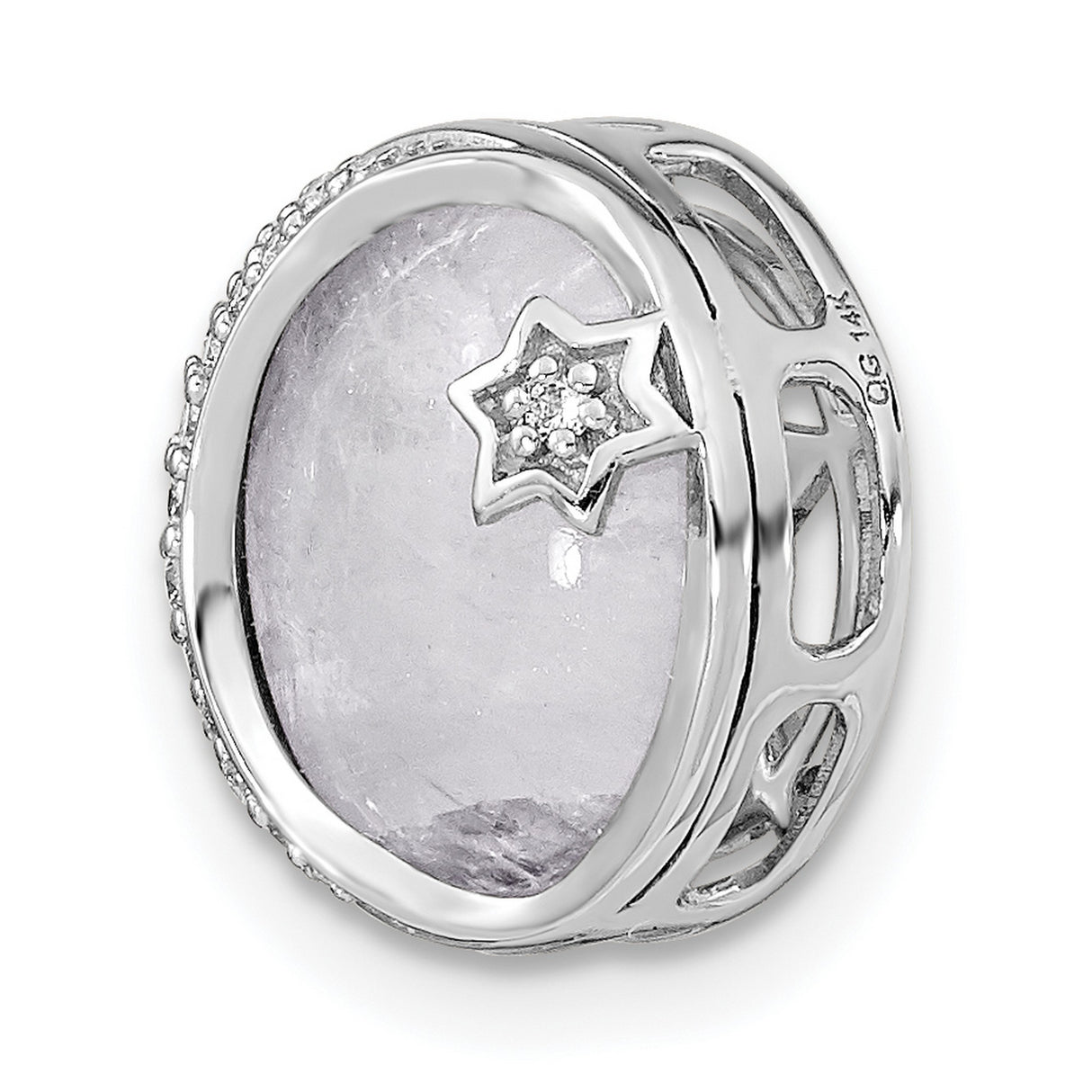 14k White Gold Pendant with Moonstone and Diamond Accents, Crescent Moon and Star Design